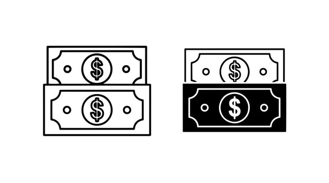 Two overlapping dollar bill banknotes icon, outline and solid