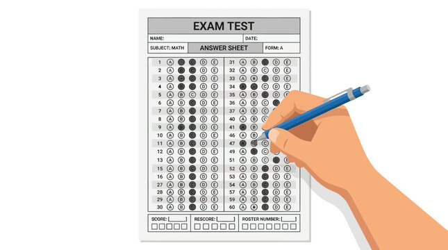 Detailed vector illustration of a hand holding a blue pencil marking an exam answer sheet