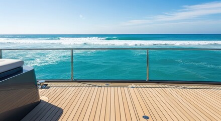 Fototapeta premium A serene view from the teak wood deck of a luxury modern yacht overlooking the vast turquoise ocean with gentle waves under a clear sky, sea, luxury, marine