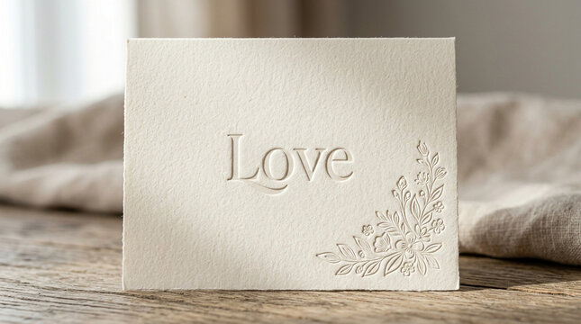 Elegant embossed love card on textured paper, minimalist wedding stationery with floral detail, romantic cream greeting card on wooden table