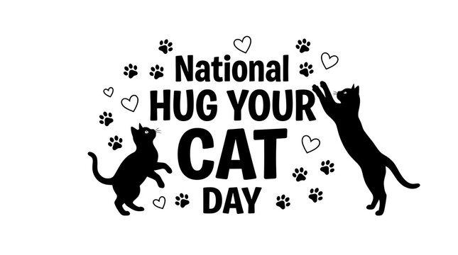 National hug your cat day typographic design featuring playful black silhouettes of cats with heart shapes white background