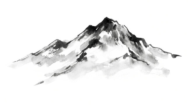 Traditional Sumi-e Style Black and White Mountain Peak Painting
