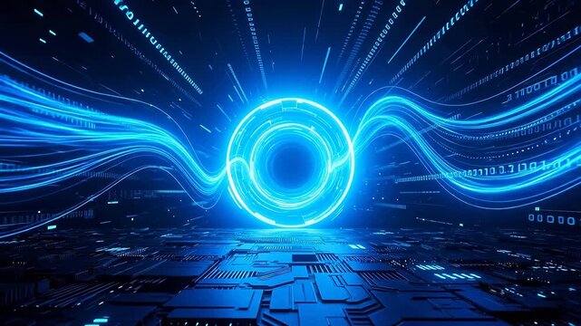 Futuristic digital space with glowing blue rings