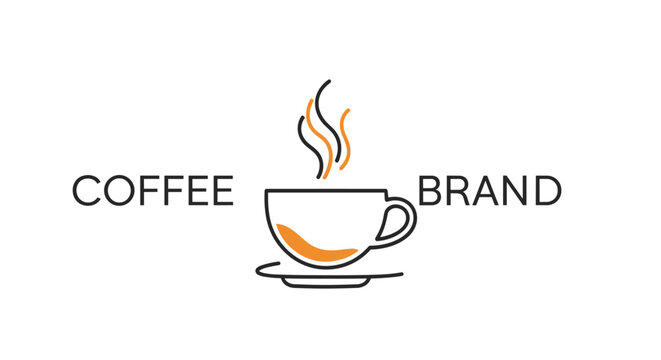 Minimalist coffee brand logo design featuring a simple line art drawing of a steaming cup of coffee with an orange liquid accent on white.