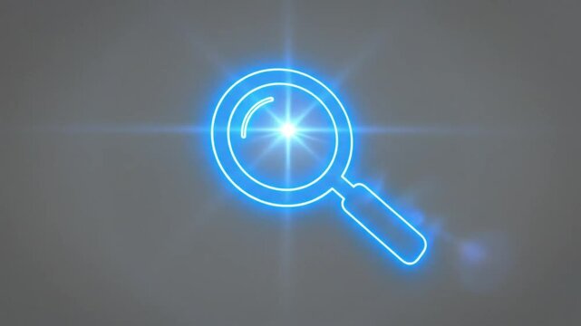 Neon blue magnifying glass symbol illuminates on a gray background for search exploration discovery