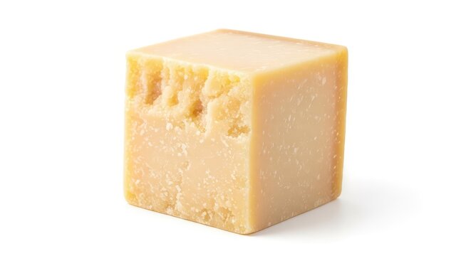 A solid square block of aged parmesan cheese featuring a crumbly texture and pale yellow hue, perfectly isolated on a clean white backdrop, solid, close-up, nutrition