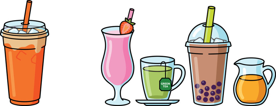 Bubble tea and smoothie vector illustration collection set featuring iced coffee green beverage isolated on transparent background.