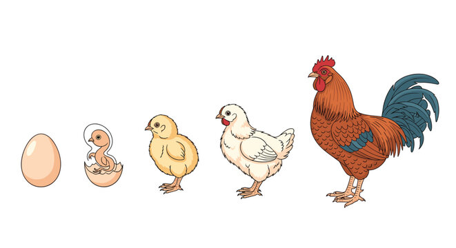 Educational illustration showing the life cycle of a chicken from a single egg to a hatching chick and a fully grown adult rooster.
