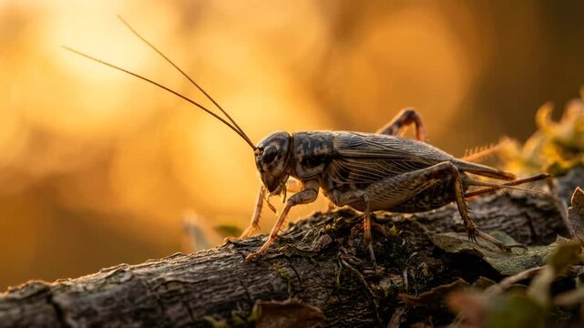cricket in english countryside meadow golden light close up video