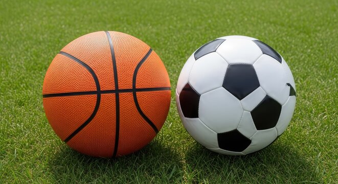A textured orange basketball sits next to a classic black and white soccer ball on the lush green grass of a professional sports field, recreation, level, ground