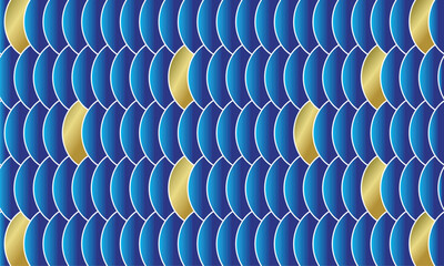 Elegant blue scallop wave seamless pattern with shiny gold accents. Luxury geometric fish scale background vector. © Design Element