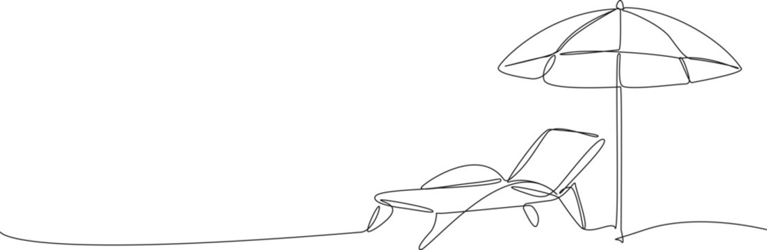 continuous one line drawing of a beach chair and sun umbrella. Minimalist summer vacation concept, line art vector illustration