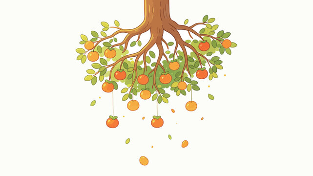 Upside-down illustration of an orange tree with fruits falling, white background, autumn harvest
