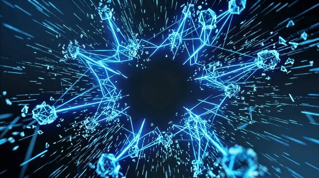 Digital particle vortex forming a circular pattern, symbolizing data flow, energy, and futuristic technology.