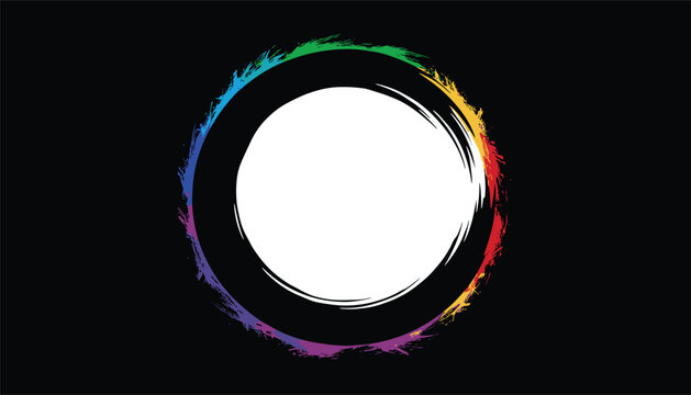Vibrant rainbow colored paint brush splash ring surrounding a black circular frame on a dark background.