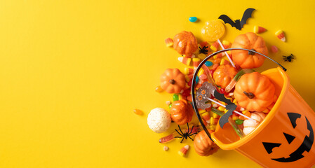 Happy Halloween pumpkin bucket spilling candy and decorations on banner yellow background © ActionGP