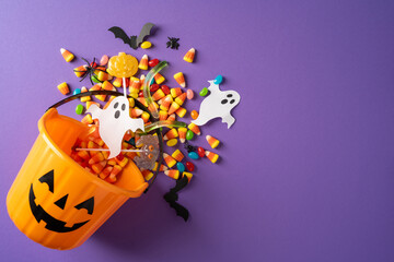 Happy Halloween pumpkin bucket spilling candy and ghosts on purple banner background © ActionGP