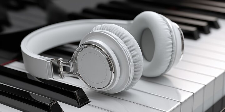 A pair of white headphones rests on piano keys, a close-up shot capturing musical audio devices