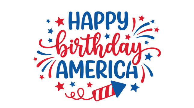 Vibrant red and blue happy birthday america typography vector graphic with festive star firework elements