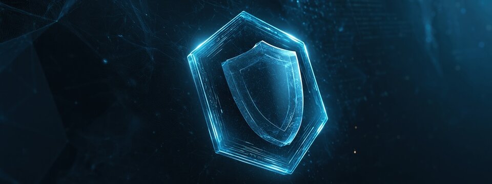Futuristic cyber security shield hologram on dark blue background