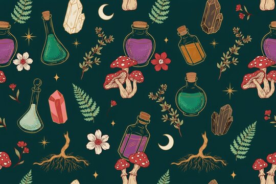 Witchcraft seamless pattern with magic potion bottles, glowing crystals, red mushrooms, ferns, and moon phases on a dark forest green background