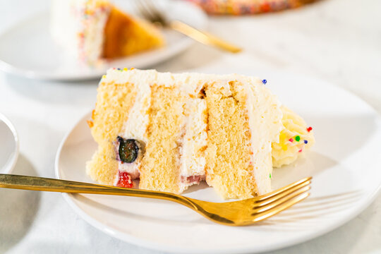 Slice of cake with sprinkles and fruit filling