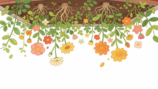 Lush Hanging Vine with Colorful Flowers and Exposed Roots Growing from Wooden Planter Box