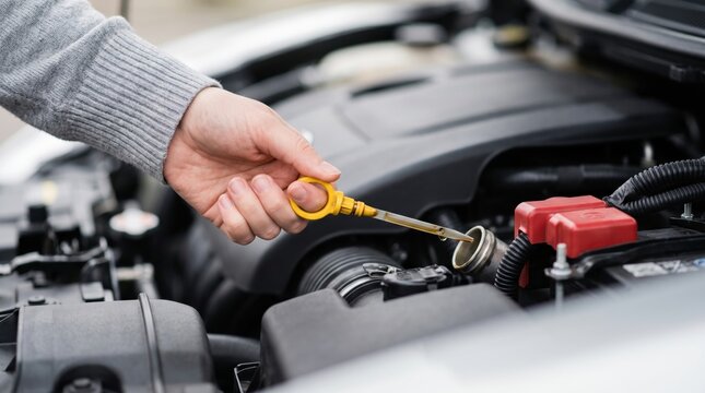 Mechanic checking engine oil level with dipstick in a modern car.