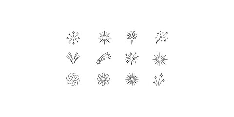 Icon set collection of festive fireworks and star explosions, perfect for holiday greetings, night sky themes, and celebration designs. © Raka Firdaus 