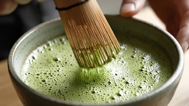 Close-up of a person whisking vibrant green matcha tea in a ceramic bowl, creating a frothy, delicious beverage.