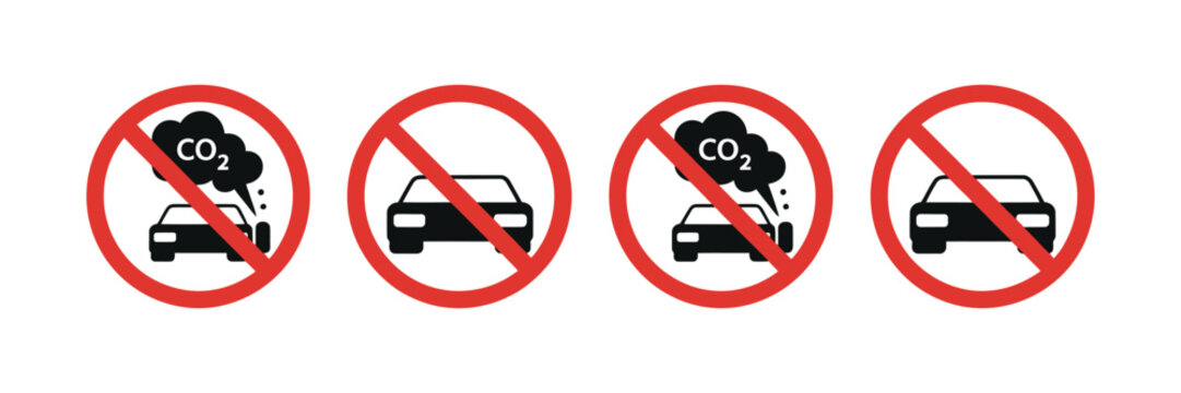 No CO2 icons featuring red prohibition symbols with clean minimalist vector graphics for vehicle exhaust emissions, air pollution control, environmental protection, and sustainability awareness campai