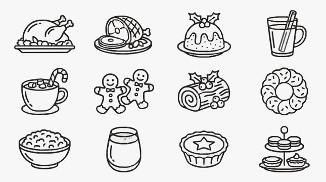 Minimalist Black and White Line Drawing Set of Festive Holiday Food and Drink Illustrations with high quality professional line art symbols for modern creative design and digital branding projects