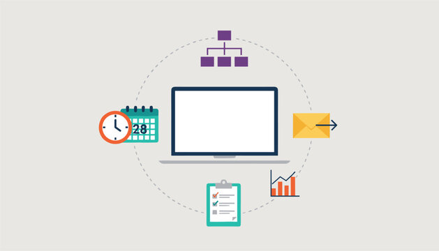 Business workspace flat graphic with a laptop surrounded by schedule chart email and task manager icons.
