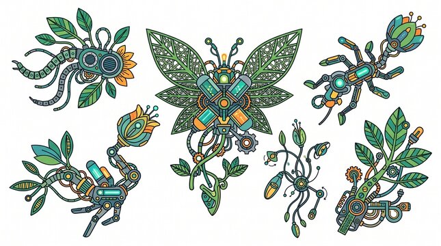 Biomechanical nature set featuring mechanical butterflies and robotic plants with gear details and organic elements in a steampunk digital illustration style