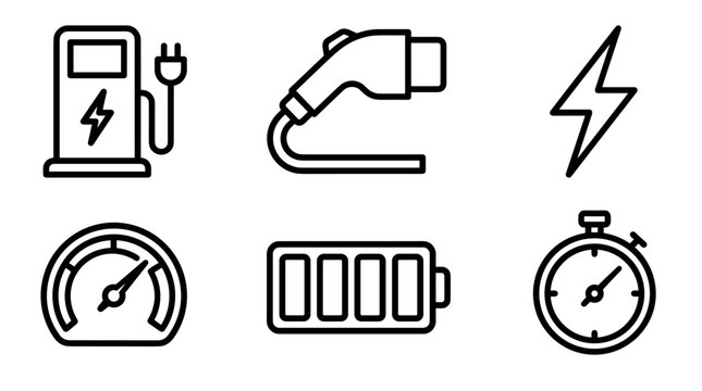 Electric vehicle charging station and battery power outline vector icon set