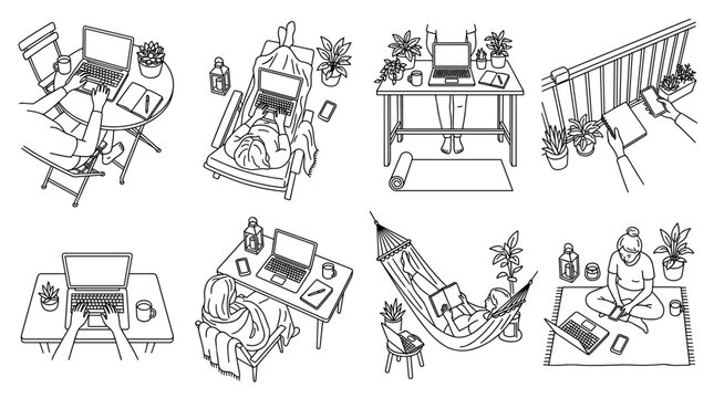 Remote work and study from home vector illustration set featuring people working on laptops in cozy indoor and outdoor spaces