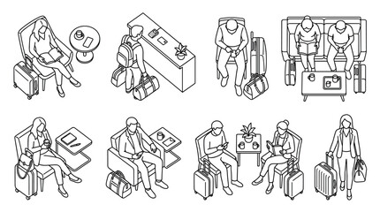 Obraz premium Isometric vector illustration set of travelers waiting in airport lounge or hotel lobby with luggage