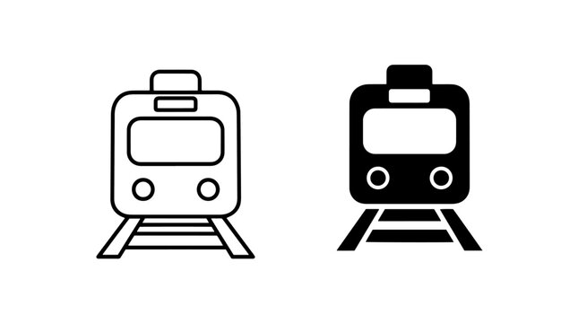 Railway train front icon set in flat and line art with transport