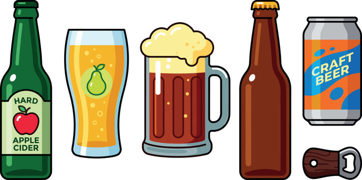 Craft beer and hard cider bottles can glass mug opener vector illustration collection set isolated on transparent background.