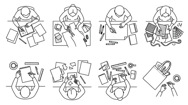 Top view of creative people working at desks, line art vector illustration set