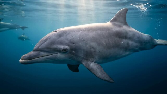 dolphin close up underwater in azores atlantic ocean at morning light video