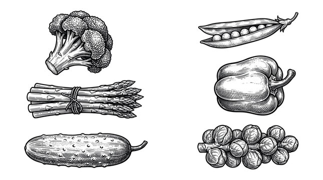 Fresh green vegetables vector illustration set in vintage engraving style