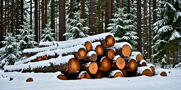 Pile of cut logs sits in snowy coniferous forest during winter. Stacked timber trunks covered with fresh white snow layer in cold nature landscape. Industrial wood harvesting resource from felled