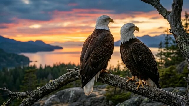 two golden eagles in north american mountain wilderness perched on cliff close up at sunset light video