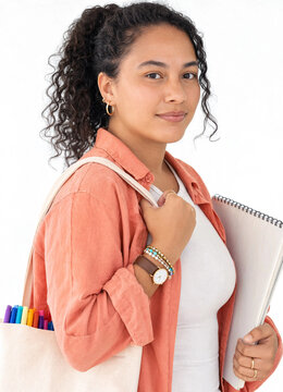 Portrait of smiling female college student with curly hair holding sketchbook and tote bag with colorful markers isolated on white