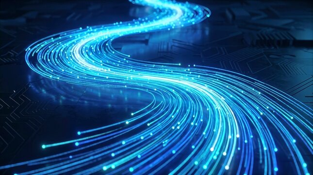 Glowing digital pathway with flowing light trails, symbolizing speed, data transmission, and future technology.