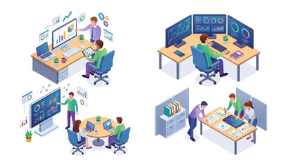 Naklejka premium Business Intelligence Data Analytics Team Working Isometric Vector Illustration Set