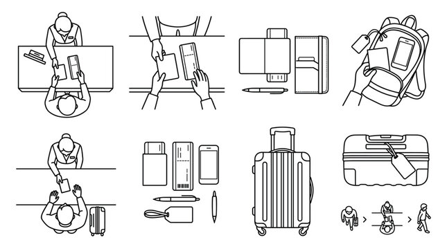 Airport check in and travel preparation line icon set, vector illustration