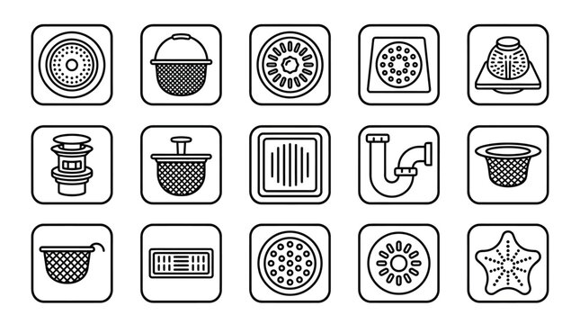 Plumbing drain fixture and strainer icons collection vector art