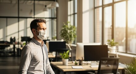 Fototapeta premium Professional employee in mask walking through bright modern office space with abundant natural light. Focused employee in mask observing empty workspaces, adhering to new safety protocols.